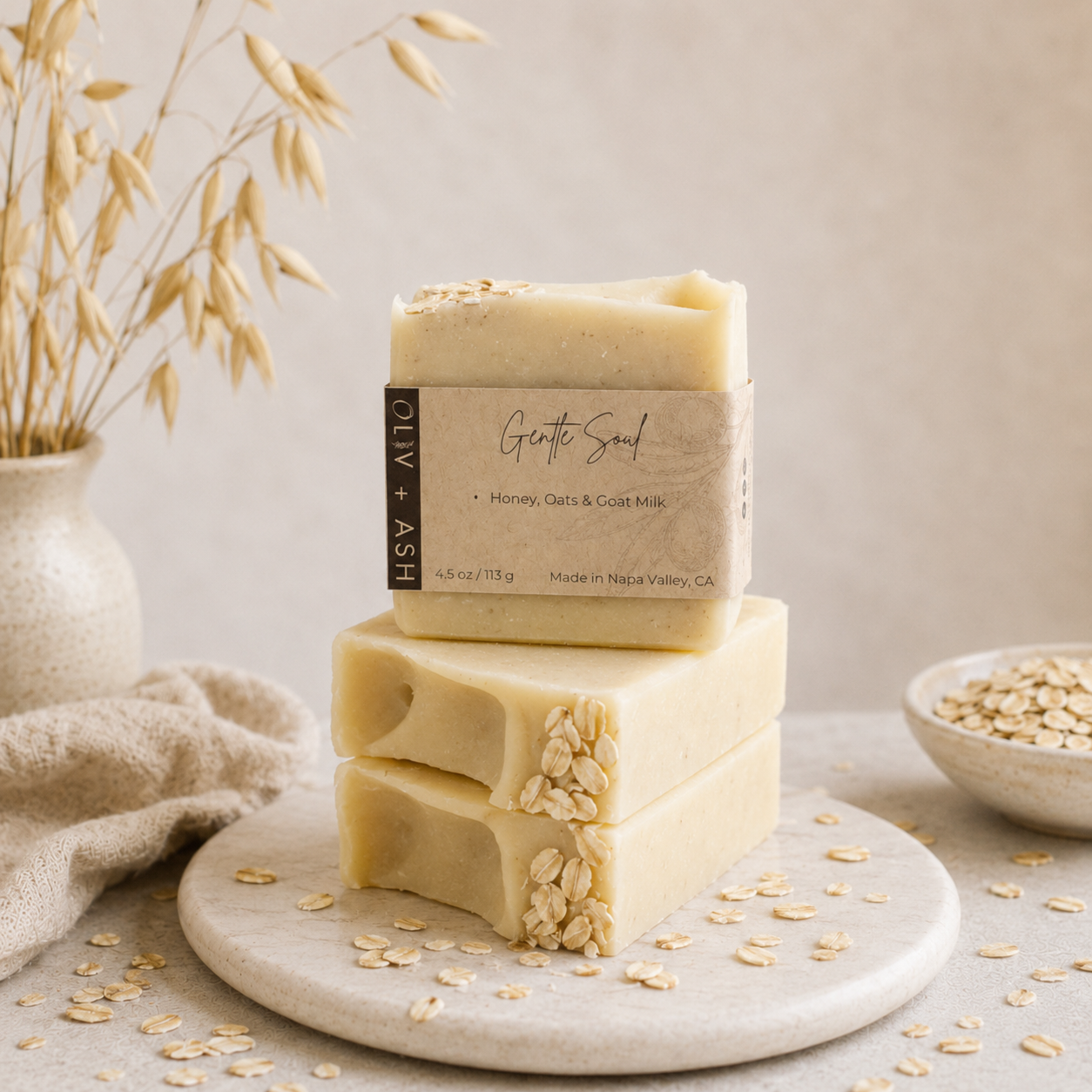 Oliv + Ash Unscented Honey Oat Goat Milk Soap | Olive Oil & Shea Butter Bar | Gentle Natural Soap Fragrance-Free Care for Sensitive Skin |Moisturizing Cleanse